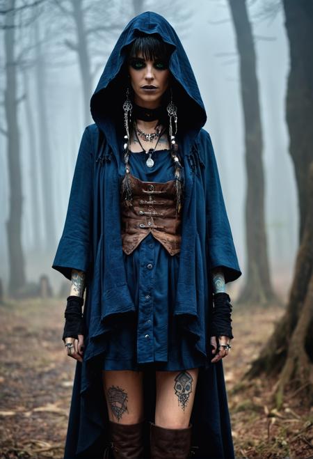 score_9, score_8_up, score_7_up  zPDXL3  (spectral necromancer) young woman, italian, tan skin, dark green eyes, Average build, short brown side-swept bangs hair, wearing a black hooded cloak, dark blue tattered vest, arcane robe bottom, rugged boots, dark eye shadow, intricate tattoos, bone earrings,holding a cursed orb, set in tower, isolated, overlooking a dark forest, storm clouds overhead, crackling energy , in a foggy graveyard  zPDXLrl