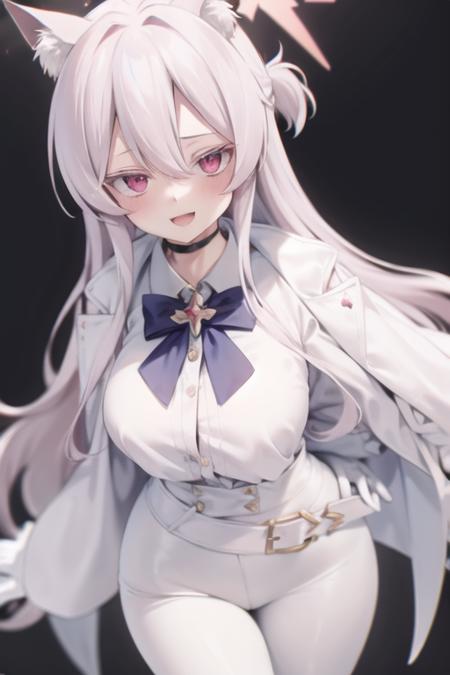 1girl,animal ear fluff,animal ears,belt,black bow,black bowtie,black choker,bow,bowtie,brooch,cat ears,choker,coat,colored eyelashes,gloves,halo,jewelry,long hair,pants,red eyes,shirt,shirt tucked in,smile,solo,white belt,white coat,white gloves,white hair,white pants,white shirt,akira (blue archive) <lora:akira:0.85> <lyco:mmd-v3-epoch07-locon:1>