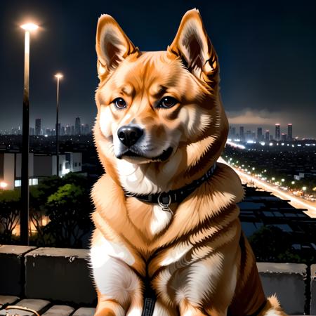 animal dog (shiba inu) sitting , post-apocalyptic destroyed city background, visible fangs,(((photorealistic))) ((RAW photo)), (natural light), fine-face, realistic shaded perfect face, fine details. Night setting. Very anime style. Realistic shaded lighting poster by Ilya Kuvshinov katsuhiro, magali villeneuve, artgerm, Jeremy Lipkin and Michael Garmash, Rob Rey and Kentar Miura style, trendin