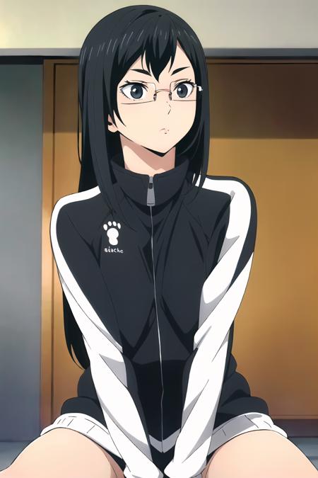 ((best quality)),((highly detailed)),masterpiece,absurdres,detailed face,beautiful face,(detailed eyes, deep eyes),(1girl),((dynamic pose)),  <lora:KiyokoV1:0.6>,Kiyoko, 1girl, solo, glasses, black hair, jacket, grey eyes, long hair, sitting, paw print, mole, mole under mouth, track jacket, upper body, rimless eyewear, closed mouth, long sleeves, black jacket, zipper, looking away, indoors, looking to the side, bangs, semi-rimless eyewear, high collar, expressionless, mole under eye, track suit