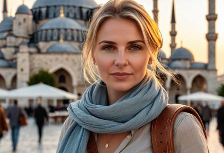 A hyper-detailed, ultra-photorealistic 8K travel portrait of a 40-year-old woman with sleek blonde hair tied back. She has soft wrinkles, subtle expression lines, pale skin with natural texture, and realistic facial details. The face is symmetric and rendered with lifelike shading and consistent lighting. Walking past the Blue Mosque in Istanbul at sunset. She wears high-rise beige jeans, a soft grey linen blouse, and a lightweight scarf draped over her shoulders. In her hand is a Nikon D5300, and a worn brown leather shoulder bag crosses her chest. Her face glows with warm golden Turkish light. Shot with Nikon D5300, 50mm lens, f/2.8, ISO 100. Background: softly blurred domes and minarets. Style inspired by Steve McCurry's vibrant portraits with rich cultural context. realistic human face, accurate eyes and mouth, high detail, no distortion, not a real person.