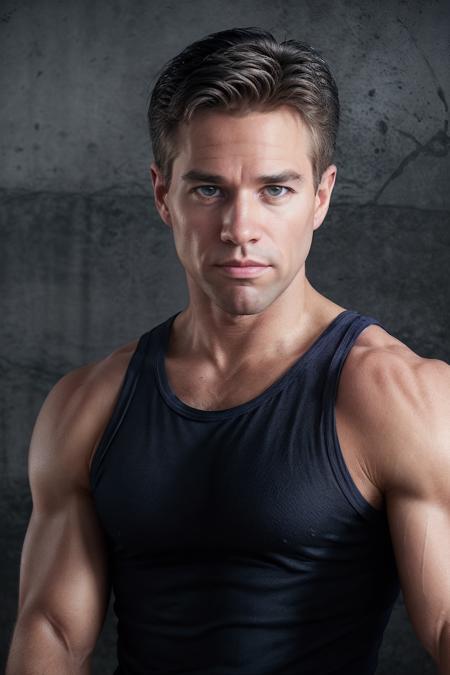 (medium shot) professional photo of mike_branson <lora:mike_branson-08:0.75> wearing a navy blue tank top, concrete wall backdrop, dramatic contrast-rich lighting, single directional light source, intense focused mood