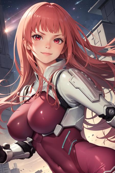 masterpiece, best quality, kenmarinaris, red eyes, bodysuit, shoulder pads, gauntlets, black gloves, upper body, large breasts, looking at viewer, furrowed brow, smile, futuristic building, rocket <lora:kenmarinaris-nvwls-v1-000012:0.9>