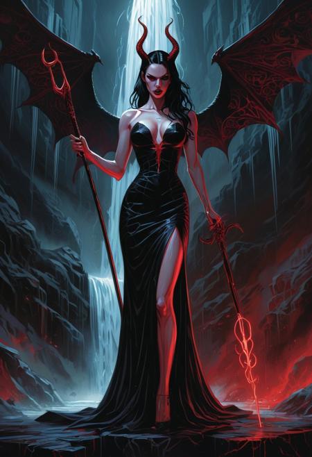Lucifer, a mysterious and powerful female figure, stands tall with an air of confidence and authority, her piercing gaze illuminating the dark surroundings, clad in a sleek black dress with intricate, hellish patterns, her dark hair cascading down her back like a waterfall of night, as she holds a gleaming, crimson-tipped staff, exuding an aura of malevolent charm, in the style of Mark Brooks' dynamic, expressive lines and Dan Mumford's dark, gothic sensibilities, with a smooth, polished finish reminiscent of high-end comic book art, blending bold colors and dramatic shading to create a captivating, otherworldly atmosphere.