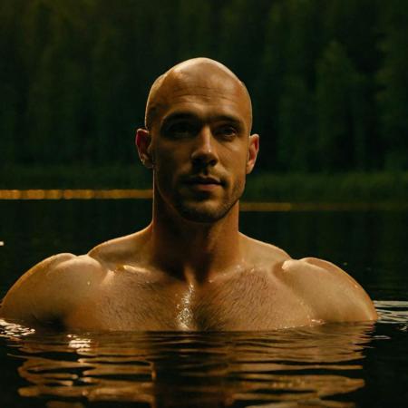 portrait male European man, (swimming in the lake:1.2). (up to neck in water:1.1). (Frowning:1.2). young, bald patch, beautiful, in love. loving. warm gaze. broad shoulders,( large biceps:1.1), shoulder tattoo, cinematic composition, extreme detail, metahuman creator. Night. Fireflies. (Low light:1.4). stars. Reflection. Taken from above. Movie Still, Film Still, Cinematic, Cinematic Shot, Cinematic Lighting.
