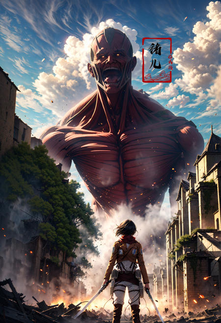 Attack on Titan, a giant titan attacking the castle, ruined city environment, Titan in background, a giant titan attacking the castle, macrophobia,
stunning move,thrilling moment, arms crossed, serious,
Mikasa1girlparadis military uniformbrown jacket3D Maneuver Gear, blades,
holding weaponthree-dimensional maneuver geartall boots, white shirtpantsbeltred scarfshort hair, black hair, Survey Corps uniform, brown jacket, green regimental belt,
survey corps V(emblem\), training corps V(emblemU),
<lora:~Q?-N	{  Mikasa:0.8>