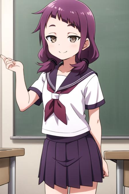 masterpiece, best quality, <lora:kunoichi_shakuyaku:0.7> 1girl, solo, brown eyes,  purple hair, twintails, low twintails, light smile, white serafuku, sailor collar, red neckerchief, pleated skirt, indoors, classroom, short sleeves, flat chest,