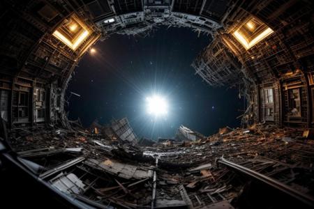 An elegant spaceship glides through debris in space after a battle, surrounded by the wreckage of destroyed spacecraft, view from below, suspenseful atmosphere, ultra realistic, hyper detailed, sci-fy, cinematic lighting, highlights, gritty atmosphere, RAW, (realistic photo, best quality, detailed), (8k wallpaper), (cinematic lighting, dramatic lighting), (sharp focus, intricate), zzspczz