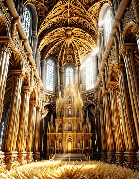((golden straw cathedral)), made of straw, intricate architecture, woven details, sunlight filtering through straw windows, divine light beams, (baroque style:1.3), (hyperdetailed), (ethereal atmosphere), grand scale, awe-inspiring, cinematic lighting
<lora:SDXL\made_of_straws.safetensors:1.0>