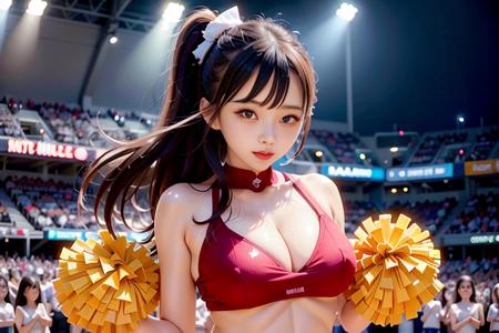 a group of cheerleaders wearing cheerleader outfit and holding pom poms is dancing and cheering up the crowd,
good hand,4k, high-res, masterpiece, best quality, head:1.3,((Hasselblad photography)), finely detailed skin, sharp focus, night, artificial light, soft lighting, dynamic angle, [:(detailed face:1.2):0.2], slender, medium breasts, cleavage, inside, <lora:cheerleader_outfit:0.2> ,<lora:betterCuteAsian03:0.35>, <lora:sung02:1>