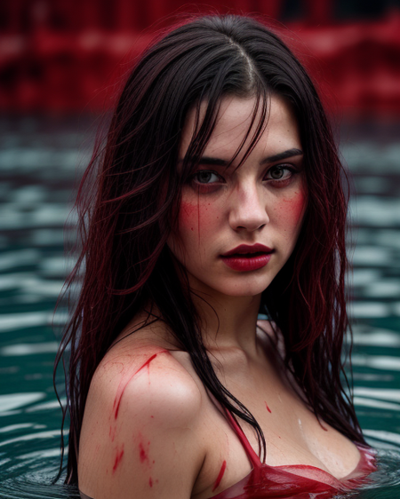 fashion editorial, a portrait of a young beautiful darkhaired woman in blood red water, wet hair and skeen, mystical gaze, highres, realistic photo, professional photography, cinematic angle, dynamic light back shining,