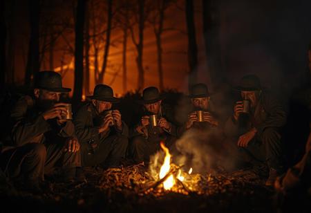 It's pitch black. Except for the orange glow shoots rays through the trees, the scene is only lit by gunfire in the background and a small fire in the foreground. 
It is an action filled scene during the Civil War. Broken men fight to stay awake in the trenches, bandaged and weary from months of fighting. The soldiers in their trashed blue outfits drink coffee from buckled steel cups and there's grime everywhere. Dust, dirt, smog, schmutz. There's a sad atmosphere hanging over them. Many good men died that day. 
There's a thick layer of mist, smoke and ashes in the air, possibly from a wildfire.  Heavy use of depth of field, blur.