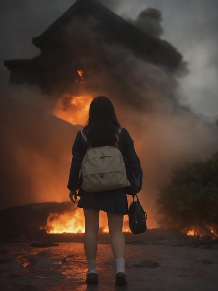 RAW photo, realistic, Japanese teen girls walking to school, slice of life scene, sailor uniform, (dark, hell, horror scene, fire and brimstone, raining fire, lava, smoke, house on fire)
