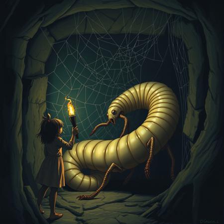 She guides the torch toward the corner, revealing a web-laden alcove. Suddenly, her eyes widen as she witnesses a massive silk worm, the size of a car, perched ominously, its glossy body glinting in the torchlight, with legs sprawling grotesquely across the ground.