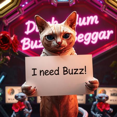 masterpiece, intricate photo, realistic outer space humanoid alien cat holding a white sign on which is written "I need Buzz!", background interior of a spcecraft, giant alien flowers at the walls, in the background is written in neon letters "Dumb Buzz Beggar", hyper realistic, highly detailed, sharp focus, crepuscular lights in the background, dawn of technology, dark art, gothic art, cyberpunk style, best quality, high resolution, colorful, vibrant colors, cozy indoor lighting, 8K, easypositive
