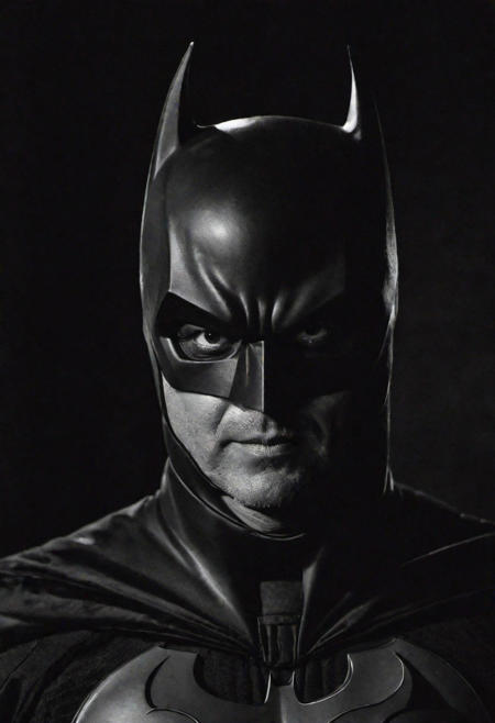 Close-up, (MICHAEL KEATON Batman  ), grim smile, relaxed pose, portrait movie shot, serious, menacing, chiaroscuro style photo, dark background, minimalism, dramatic lighting, professional quality, dull highlights and shadows, natural and  original,