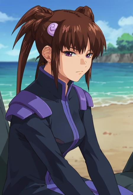 ayaset,1girl,solo,brown hair,purple eyes, long hair ponytail spiked hair very long hair collared shirt,yellow jacket,belt,purple pants, hair ornament,navyblue coat, hair ornament,bare shoulders,off shoulder,bodysuit,neck tatoo,neck ornament