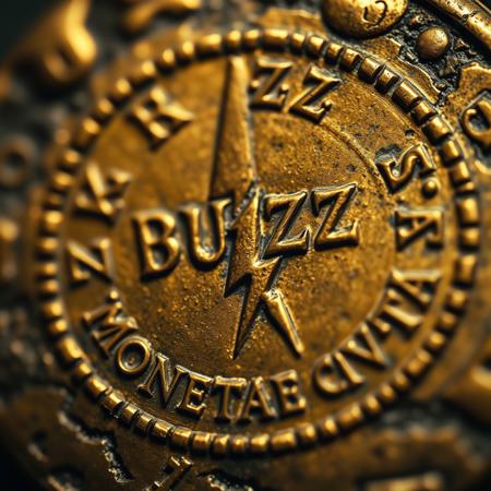 Closeup of a ancient Rome detoriated gold coin with lightning bolt symbol and text in ancient font saying BUZZ, text in around in circle shape saying "MONETAE CIVITAI", realistic, masterpiece, dramatic light, depth of field