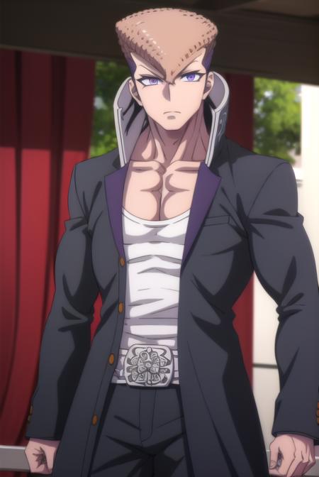 mondooowada, <lora:mondo oowada s1-lora-nochekaiser:1>,
mondo oowada, short hair, bangs, brown hair, (purple eyes:1.1), male focus, pompadour,
BREAK shirt, collarbone, jacket, white shirt, open clothes, open jacket, black jacket, pectorals,
BREAK outdoors, classroom,
BREAK looking at viewer, (cowboy shot:1.5),
BREAK <lyco:GoodHands-beta2:1>, (masterpiece:1.2), best quality, high resolution, unity 8k wallpaper, (illustration:0.8), (beautiful detailed eyes:1.6), extremely detailed face, perfect lighting, extremely detailed CG, (perfect hands, perfect anatomy),