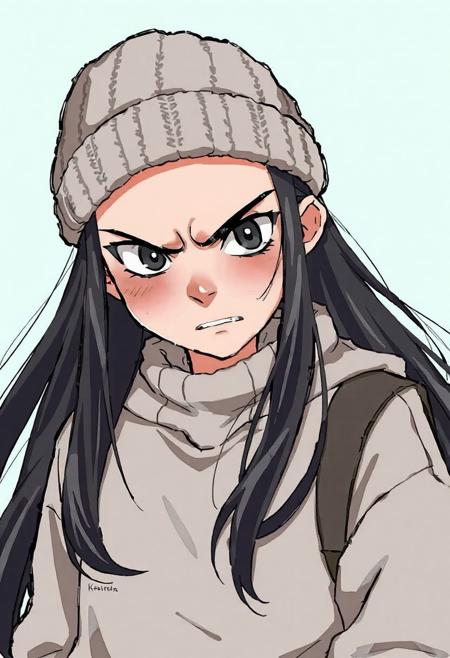 A teenage_girl, bully, wearing a thick sweatshirt and a wool cap. Black long hair, angry expression. Male uniform.