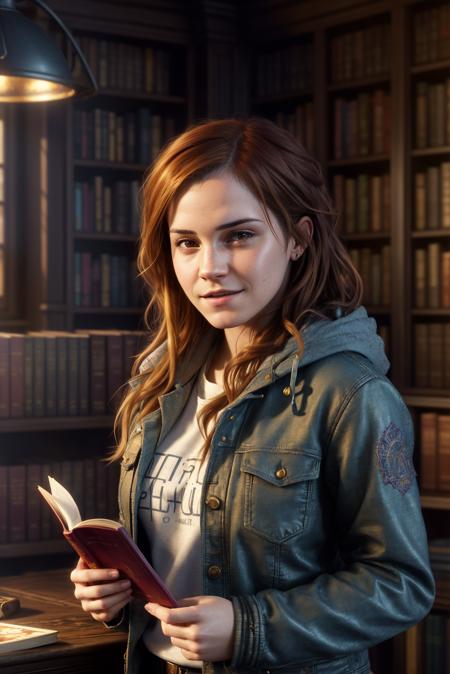 Hermione_Granger_Emma_Watson-4400, a woman, smile in face, Pencil in her hand, happy, golden hair, curley, pretty, in library, books, detailed, hdr, epic background, line art, digital illustration, comic style, dynamic, highly detailed, artstation, concept art, smooth, sharp focus, illustration, Thomas Moran style, art by Carne Griffiths and Wadim Kashin, detailed background, 60-30-10 color rule, warm tones, godrays, unreal engine, greg rutkowski, loish, rhads, beeple, makoto shinkai and lois van baarle, ilya kuvshinov, rossdraws, tom bagshaw, alphonse mucha, global illumination, detailed and intricate environment