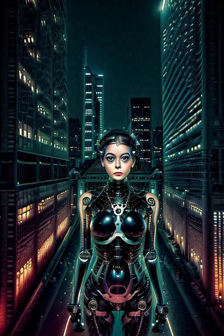 A feminine humanoid AI with expressive eyes gazes at a futuristic city skyline from a high balcony. The city below is alive with glowing vehicles, towering skyscrapers, and interactive billboards. A soft wind moves through her minimalistic attire, face close ip,