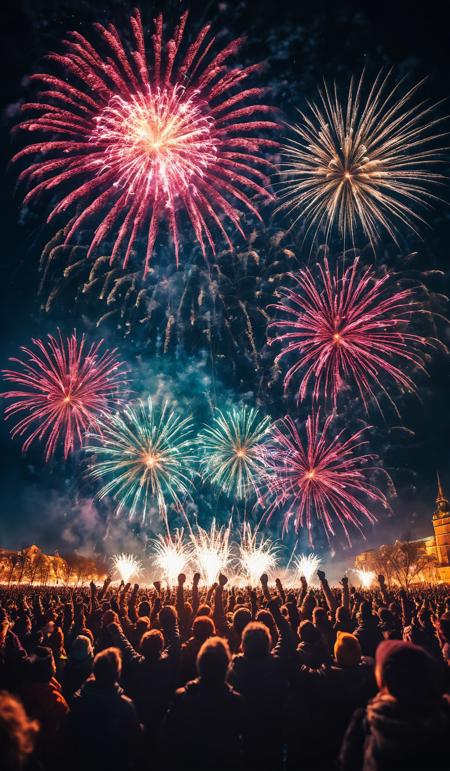 New Year concept - cheering crowd and fireworks, cinematic look, film, breathtaking photograph, award-winning, professional, dlsr, dramatic light, highly detailed . 35mm photograph, 4k, vivid colors, warm atmosphere, focus stacking, shot on hasselblad, reflections, <lora:add-detail-xl:1>, <lora:SDXLHighDetail:0.5>