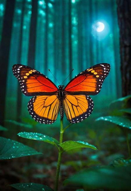 Create an awe-inspiring masterpiece of extraordinary quality, showcasing hyper-detailed and ultra-high-definition imagery with a remarkable depth of field. Visualize a scene set in a magical forest at night, where the air is filled with a gentle fog. Amidst this enchanting setting, focus on a stunningly detailed butterfly, with wings that have an intricate pattern, as it gently parks itself on a vibrant red floret.The surrounding forest is alive with the soft glow of fireflies, adding a magical ambiance. On one side of the scene, there's a mysterious darkness, contrasting with the glowing elements around. Pay special attention to the lighting, with dazzling light effects set at a 1.2 intensity, casting ethereal reflections and creating a mystical atmosphere.The butterfly, along with the floret and nearby foliage, should have transparent and polished textures, reminiscent of the rare and beautiful ral-ntrgmstn mineral. These elements should gleam subtly in the ambient light. Additionally, capture the fresh essence of the forest right after a rain, with tiny, glistening water droplets delicately clinging to the butterfly and the petals of the floret, reflecting the surrounding magical lights.
The overall image should be a breathtaking blend of realism and fantasy, with vibrant colors and intricate details that bring this magical, nocturnal forest scene to life