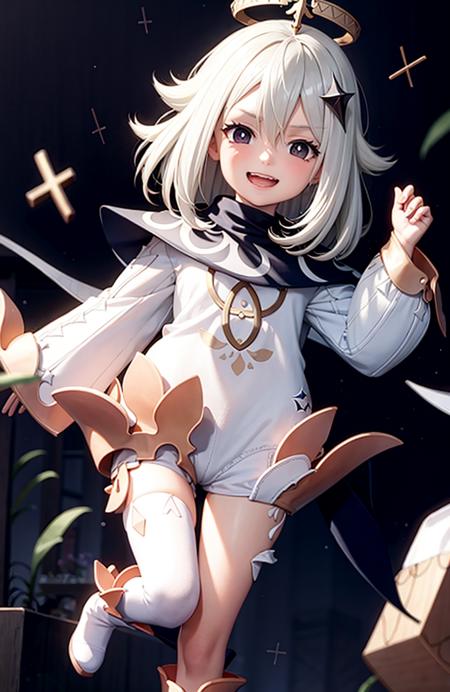1girl, solo, thighhighs, paimon (genshin impact), long sleeves, white dress, dress, halo, thighhighs under boots, single thighhigh, bangs, boots, hair between eyes, white footwear,  white thighhighs, white hair