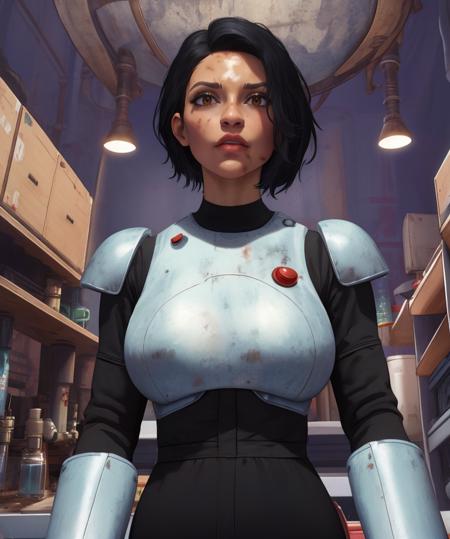 isabel,black hair,very short hair,messy hair,dirty face,
black jumpsuit,chest armor,shiny,
standing,upper body,from below,
robotic laboratory,science fiction,
(insanely detailed, masterpiece, best quality),<lora:MechanistIsabelcruz:0.9>,embarrass,