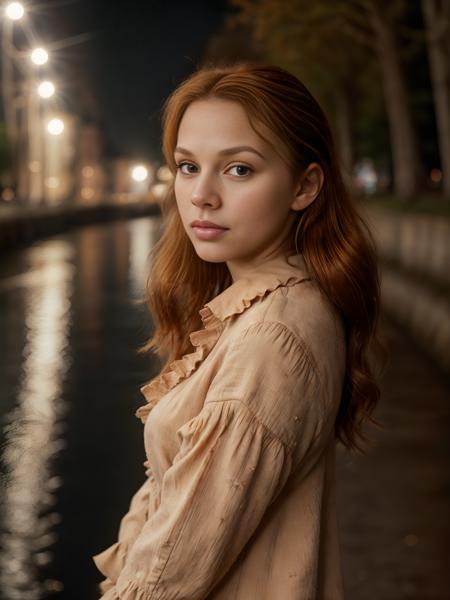 gritty raw street photography, 21 year old woman, (Chestnut hair, long one side up), Ruffled Sleeve Blouse, Overcoat, looking at the viewer,  at streets of ((Starlit River with Luminescent Fauna)), (hyperrealism:1.2), (8K UHD:1.2),  Sony A7III, fill lighting, <lora:detailed skin_:1>