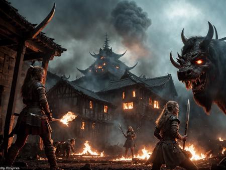 viking girl in burning village, troll warriors attacking, fighting, blood, mud, raining, crying, anger, screams, smoke and monsters,