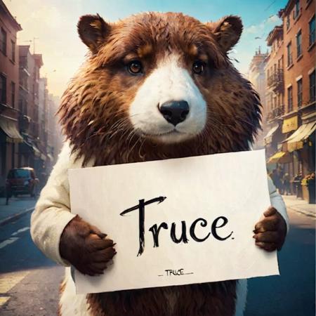 creative bio poster, animal, outdoors, street, Holding up a piece of paper with the words "truce" written on it