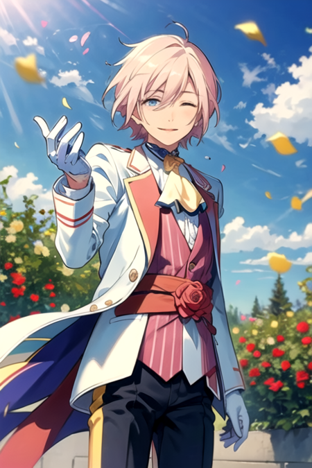 <lora:Eichi-08:0.7> ,eichi, solo, looking at viewer, smile, short hair, blue eyes, blonde hair, gloves, long sleeves, 1boy, bow, ribbon, holding, hair between eyes, jacket, pink hair, flower, male focus, heart, outdoors, frills, parted lips, one eye closed, sky, day, pants, cloud, white gloves, blurry, blue sky, sash, petals, ascot, buttons, depth of field, rose, formal, white jacket, frilled sleeves, red flower, lens flare, gold trim, yellow ribbon, ;), red rose, striped bow, white pants, pink rose, falling petals, rose petals, beckoning, lapels, white day