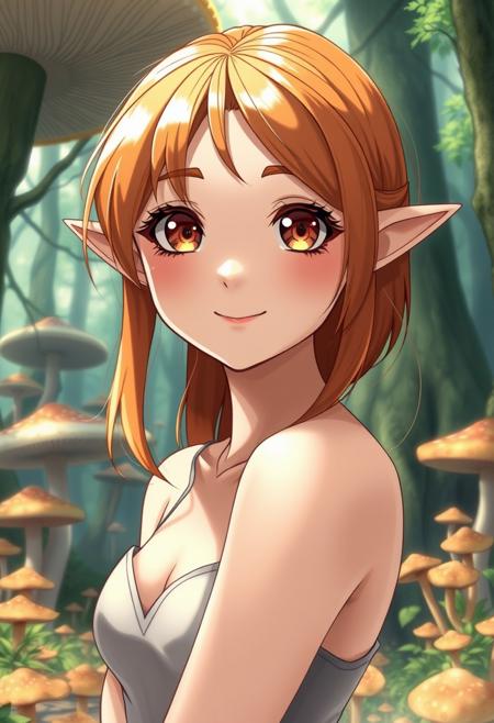 detailed anime shading, elegant adult elf woman with and orange hair, detailed eyes, kawaii face, view from front, round face, perfect cute face, facing viewer, head tilted to the side, smile, upper body,  closeup of face, standing, standing in magical forest of giant mushrooms,