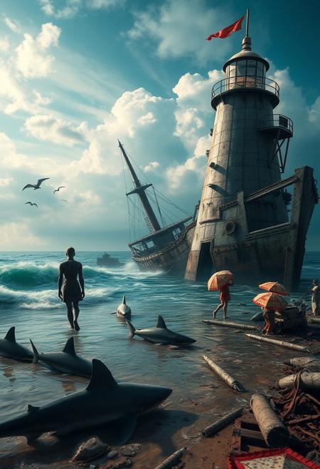 surreal scene, broken lighthouse, warship wreck, humanoid sculpture, sharks in shallow water, umbrellas, distorted reality, (dreamlike:1.3), detailed sky, ocean waves, rusted metal, decayed environment, dramatic lighting, high resolution, photorealism, artistic composition, (eerie atmosphere:1.2), intricate details, (blurry:-1.1), (ugly:-1.3), (cartoonish:-1.1), (low quality:-1.1), (lowres:-1.1), (bad anatomy:-1.1), (poorly rendered:-1.1), (overexposed:-1.1), (flat colors:-1.1), (noisy:-1.1), (disjointed elements:-1.1), (bad composition:-1.3), (unbalanced:-1.1)