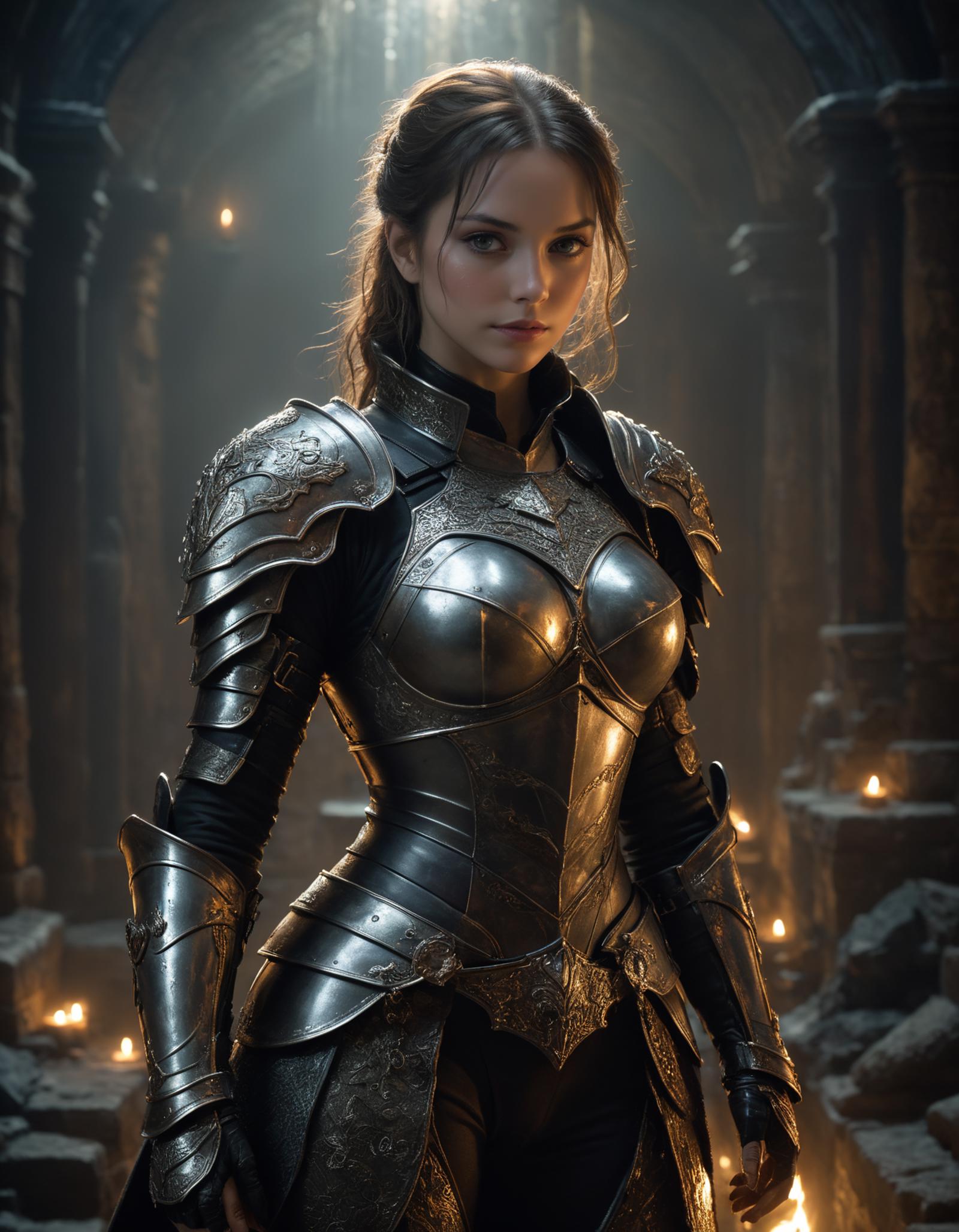 Medieval armor-clad woman in fantasy setting.