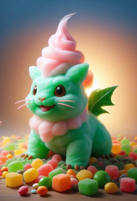 (masterpiece), (best quality), <lora:Candy World Morph:0.75> made of cotton candy with a bulbasaur pokemon, masterful composition, dynamic volumetric lighting, realistic  ray_tracing, reflection, hyperrealistic, shallow depth of field, f/2.4, bokeh,