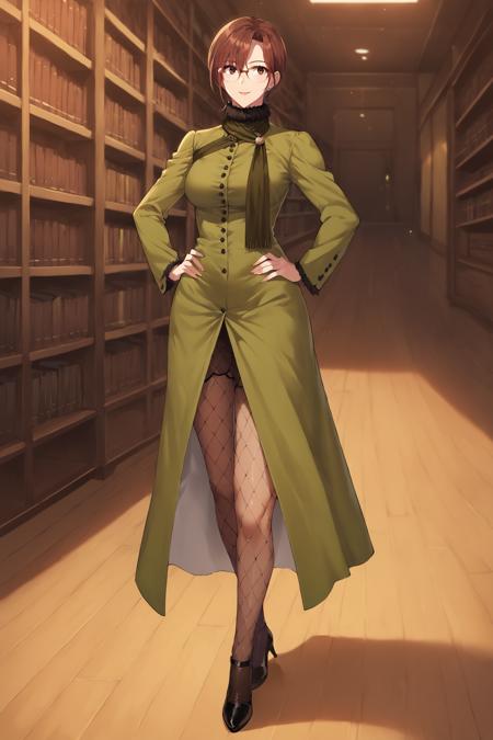 aozaki touko, brown hair, short hair, brown eyes, dress, long sleeves, green dress, scarf, front slit, fishnets, fishnet pantyhose, highheels glasses