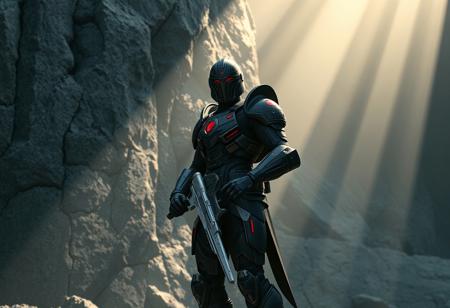 epic details Ancient Gear Commander, sleek black armor with striking red accents, holding a silver weapon, stands vigilant in a dynamic pose against a desolate gray rock face bathed in dramatic, ethereal light. Centered, impeccable composition, creative angle, golden ratio. Captivating cinematic lighting. Octane render, Unreal Engine 5, CGSociety, Artstation trending, hyperrealistic detail, sharp focus, harmonious colors, matte painting aesthetic, by Mark Brooks, Brad Kunkle, Vincent di Fate.