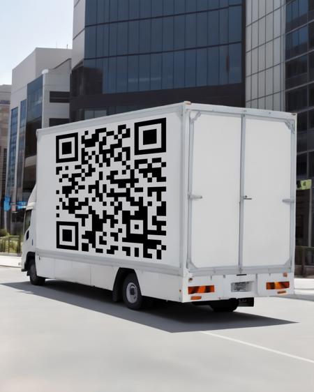 ground vehicle, outdoors, vehicle focus, building, road, city, street, truck, real world location, photo background <lora:adtruck_v1:0.7>, white background, QR