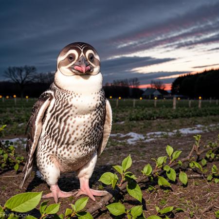 from behind portrait of a Russian Magellanic Penguin, (roaming a temperate intricate Orchard:1.1), at dusk with Nor'easter, Luminous Ring light, (Fill light photography:1.2), background in focus