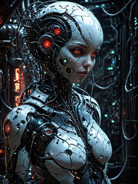 (biopunk sexy woman:1.2) with cybernetic features, cinematic, cyberpunk elements, amazing detailed, grim sci-fi, biomorph, organic and mechanical, natural light, beautiful cleavage, glowing red eyes  <lora:Dark_Futuristic_Circuit_Boards:0.6>  circuitboard, dark futuristic  <lora:hyperkraximalism_v1-1:0.2> <lora:Faceless_Cyborgs:0.5>  <lora:SDXLFaeTastic2400:0.6>