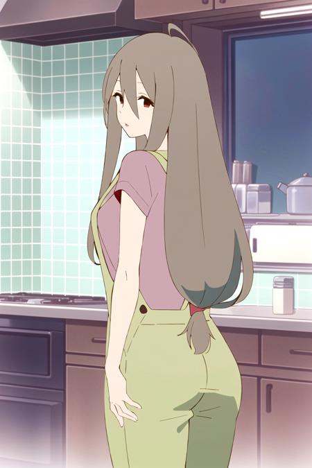 1woman, (masterpiece:1.2), highres, high quality, (perfect face and eyes:1.3), (textured skin:1.2), original, (wallpaper), (solo), looking at viewer, serufu mother, long hair, brown hair, green apron, red eyes, purple shirt, <lora:serufu_mother-09:0.7>, (ass focus:1.2), sexy, kitchen, (big ass:1.1)