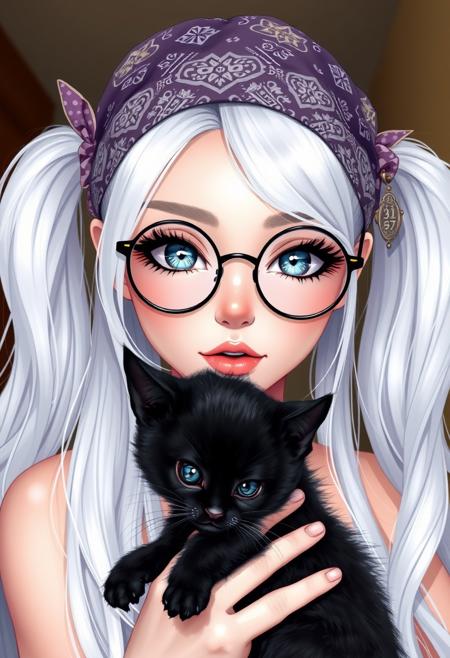 beautiful girl , long white hair in two ponytails , on the head bandana with print , with bright sparkling eyes , long eyelashes , plump lips , in round glasses with a pendant month , choker , glossy skin , pearl skin , holding a black kitten , closeup