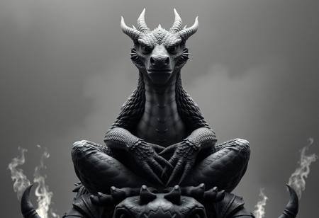 Create a high-quality, photorealistic portrait of a grizzled, flat grey dragon sitting cross-legged on a statue of the wicked, surrounded by skyfire. The dragon should have a smug grin, a small straight nose, and intricate details. Incorporate cinematic lighting with a symmetrical balance. The output should be a beautiful, detailed image with a size difference between the dragon and the statue, showcasing the dragon's power. Use artist Maiko's style as a reference, with a professional photo quality akin to Kodak. Incorporate Octane render and HD film grain for a cinematic feel. The final image should be in black and white, with a focus on intricate details and a sense of pure imagination.