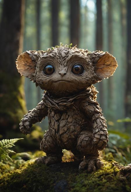 Medium shot, Adorable creature made of earth, full earth element creature, surrealistic, fantasy, moody lighting, best quality, full body portrait, real picture, intricate details, depth of field, in a forest, fujifilm xt3, outdoors, bright day, beautiful lighting, raw photo, 8k uhd, film grain, unreal engine 5, ray tracing