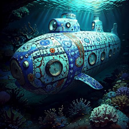 <lora:AzulejoAI:1>, AzulejoAI submarine underwater