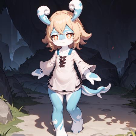 full body, 1girl, melusine, blue skin, orange eyes, blonde hair, curly ears, stubby tail, smile, white shirt,
<lora:MelusineV2:1>