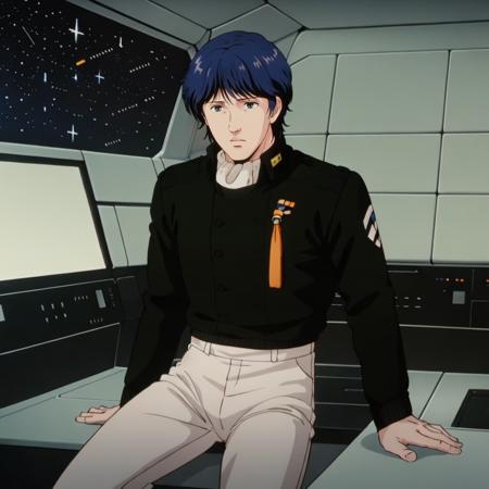 masterpiece,high quality,solo,indoors,space,
<lora:yangwen-li001:0.7>,
yangwen-li,1man,
short hair,blue hair,black eyes,
ascot,military uniform,black jacket,
white pants,